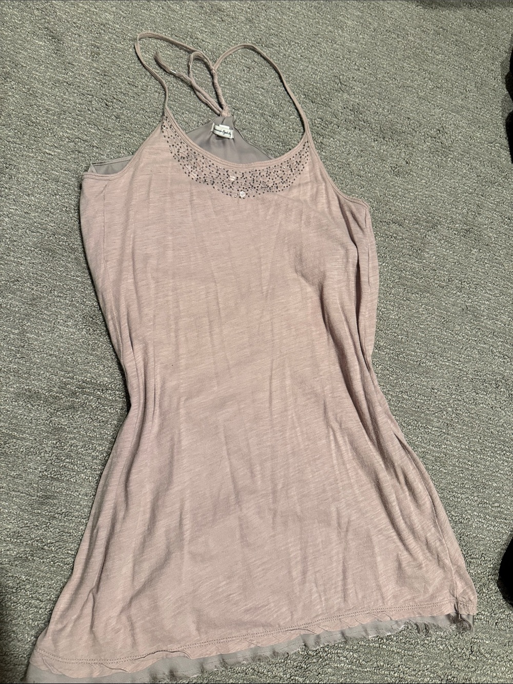 Small Women’s Blush Pink Spaghetti Strap Tank Top with Embellished Neckline